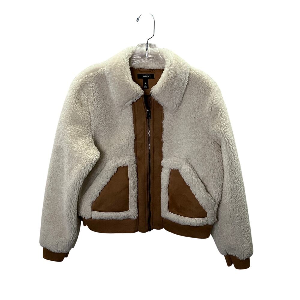 AQUA Womens Faux Fur Suede Mixed Media Bomber Jacket Cream Cognac XS Full Zip‎